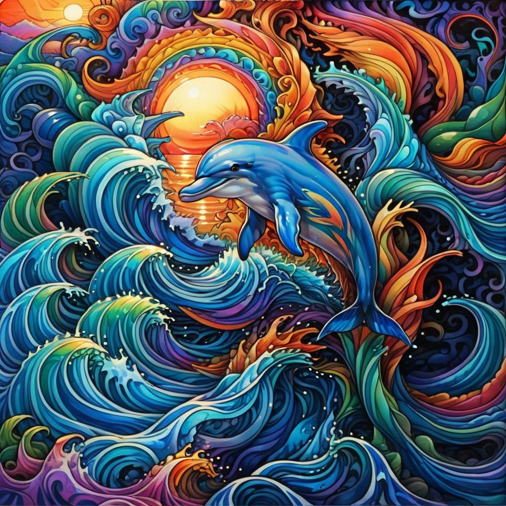 dolphin breaching the sea, waves, colorful, water splashes, sunset background, vivid colors, vibrant colors,  intricate details, intricate line drawing, masterpiece <lora:zenodoXL:.55>