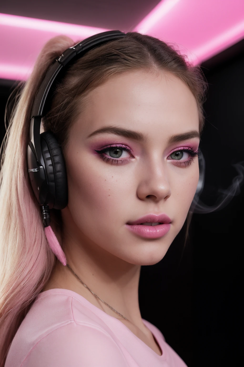 (Cinematic Shot) (Shot on Aaton LTR 54)(FACE CLOSE-UP SHOT:1.5) (The Blonde:1.4) E-Girls_Mansion_Sizzle with Headset (Pink T-Sirt:1.5)(Black Walls:1.3) (Neon Signs:1.3)(LED CEILING STRIPS:1.3) (lens flare:1.3) insanely detailed and intricate, character, hypermaximalist, beautiful, exotic, revealing, appealing, attractive, amative, hyper realistic, (super detailed:1.3), (pink volumetric smoke:1.3)(EYELINER, BLACK EYESHADOW, MAKE-UP, LIPSTICK:1.15) <lora:ARWCyberpunkInterior:1> cyberpunkinterior, building