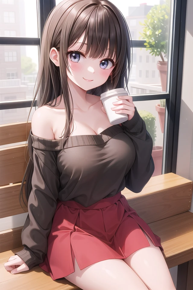 insanely detailed, absurdres, ultra-highres, ultra-detailed, best quality,
1girl, solo, nice hands, perfect hands,
BREAK
wearing sweater, off shoulder sweater, one piece sweater, sweater with long sleeves, bare shoulder, collarbone, red skirt
BREAK
happy smile, laugh, closed mouth,
sitting, holding coffee cup,
45 angle, cowboy shot, looking at viewer
BREAK
slender, kawaii, perfect symmetrical face, ultra cute girl, ultra cute face, ultra detailed eyes, ultra detailed hair, ultra cute, ultra beautiful,
BREAK
indoors, in coffee shop
BREAK
large breasts, black hair, long hair, black eyes