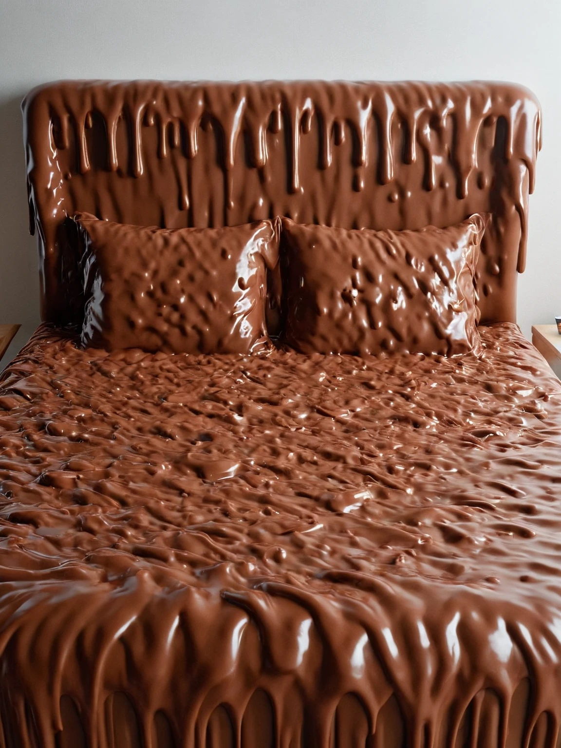 2 women smear each other with chocolate sauce, Lucy Boynton, the entire body and hair are smeared with chocolate sauce , a woman sits in bed full of chocolate sauce, Chocolate sauce is spread all over the body, the faces are smeared with chocolate sauce, the hair is completely dipped in liquid chocolate