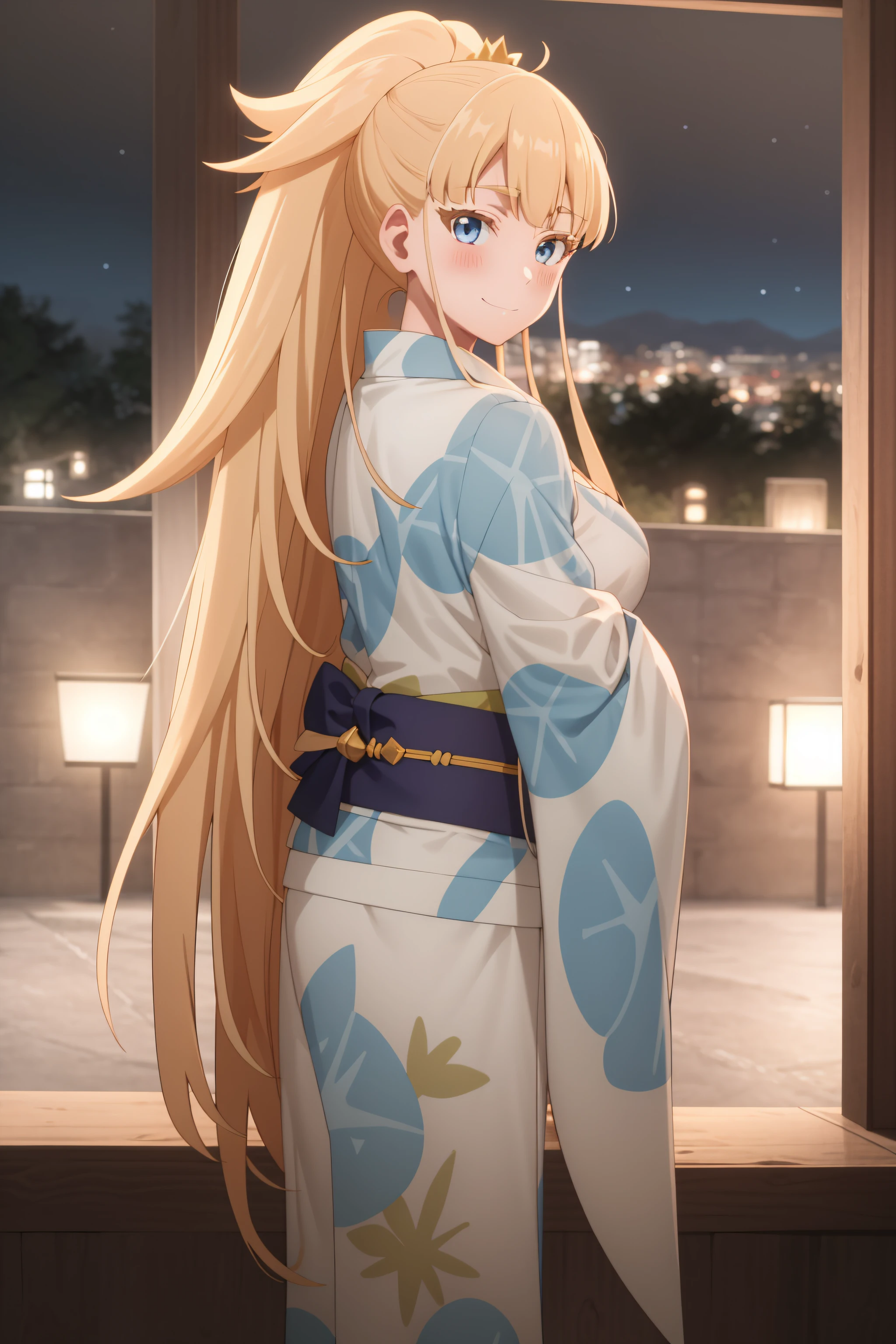best quality, masterpiece, detailed,
<lora:KekkonYubiwaMonogatari_KrystalNovatyNokanatika:0.6>, KrystalNovaty,
1girl, solo, light smile, closed mouth, blush,
blonde hair, blue eyes, long hair, ponytail, crown,
HimeYukata, japanese clothes, obi, large breasts,
facing viewer, arms behind back, looking at viewer,
night