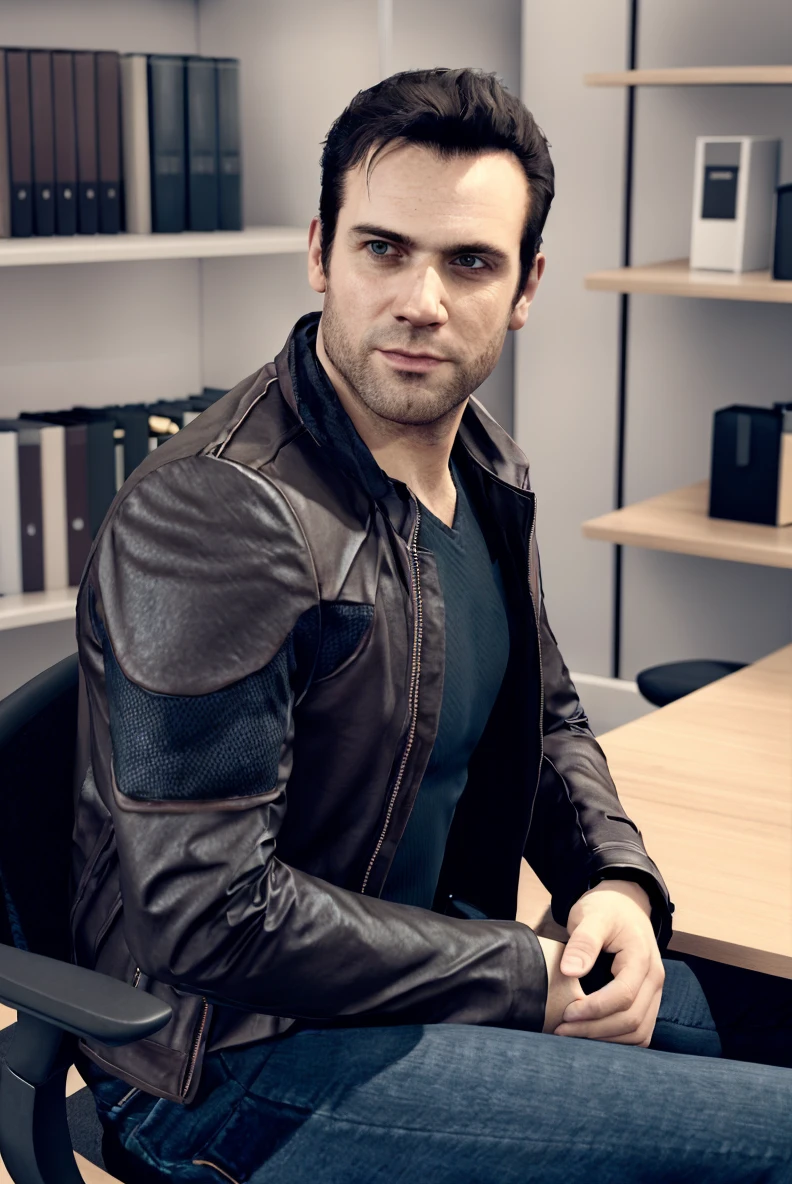 (RAW photo), <lora:GavinReed - Ace:0.7>, gavinreed, jacket, black shirt, jeans, sitting, 1boy, solo, table, office, chair