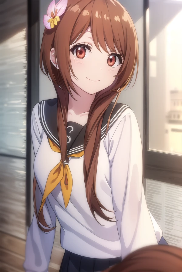 marikatachibana, <lora:marika tachibana s2-lora-nochekaiser:1>,
marika tachibana, long hair, brown hair, hair ornament, (brown eyes:1.5), flower, sidelocks, hair flower, short hair with long locks, smile, grin,
BREAK skirt, long sleeves, school uniform, serafuku, black skirt,
BREAK indoors, classroom,
BREAK looking at viewer, (cowboy shot:1.5),
BREAK <lyco:GoodHands-beta2:1>, (masterpiece:1.2), best quality, high resolution, unity 8k wallpaper, (illustration:0.8), (beautiful detailed eyes:1.6), extremely detailed face, perfect lighting, extremely detailed CG, (perfect hands, perfect anatomy),