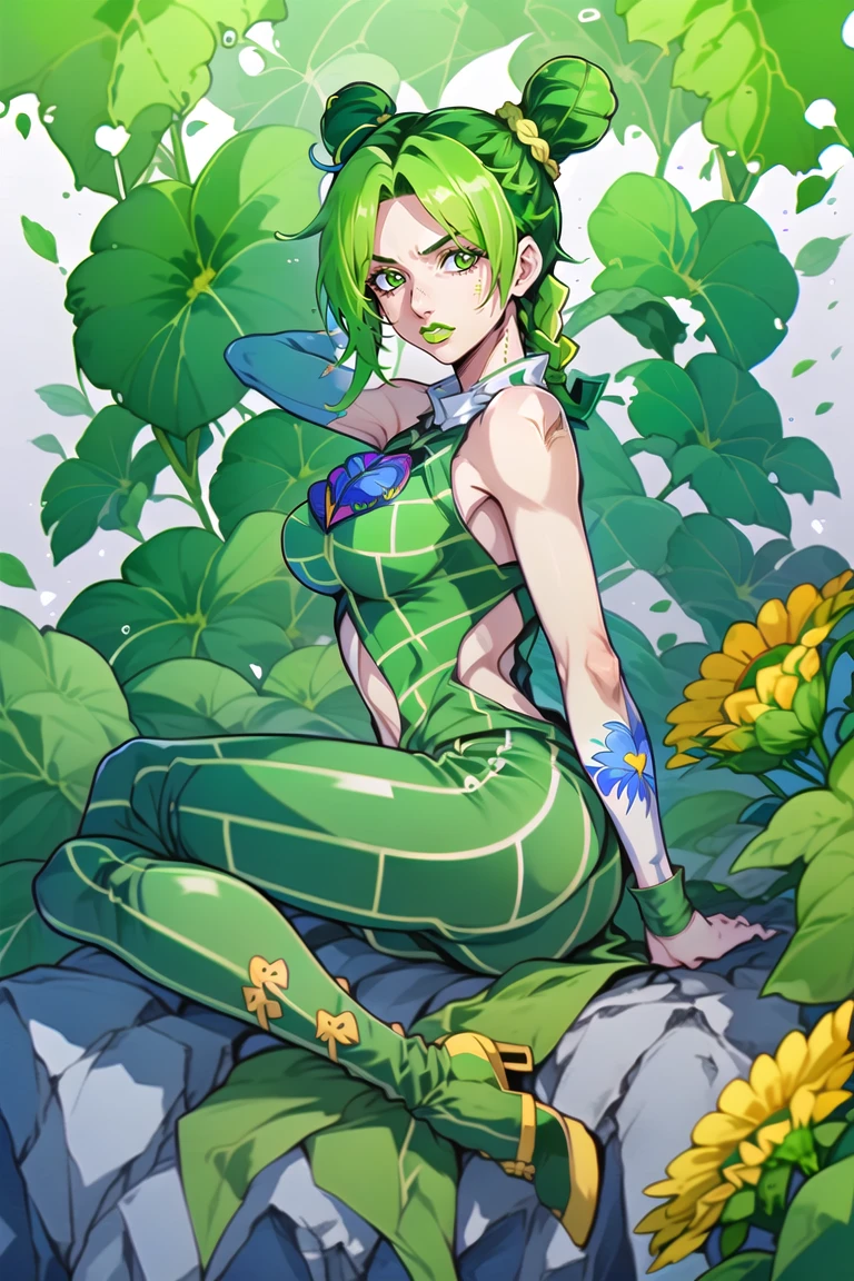 jolyne, cute, clothed, 1girl, solo, blonde hair, black hair, green hair, detailed, /hearts background/, braided ponytail, green eyes, full body, character focus, large breasts, main outfit, arm tattoo, flowers,<lora:EMS-260993-EMS:0.800000>