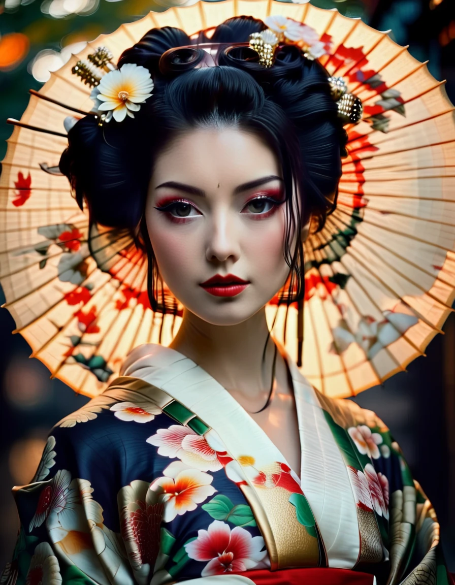 cinematic photo realistic, upper body, brown eyes, lips, fflix-geisha, nose, floral print, black hair, 1girl, oil-paper umbrella, kimono, japanese clothes, looking at viewer, full detailed, winning gorgeous, intricate, cinematic, elegant, artistic, sharp focus, perfect pretty, innocent, fine colors, highly saturated, dramatic
<lora:GeishaXL:1>, , <lora:FILM_PHOTOGRAPHY_STYLE:0.25> . 35mm photograph, film, bokeh, professional, 4k, highly detailed