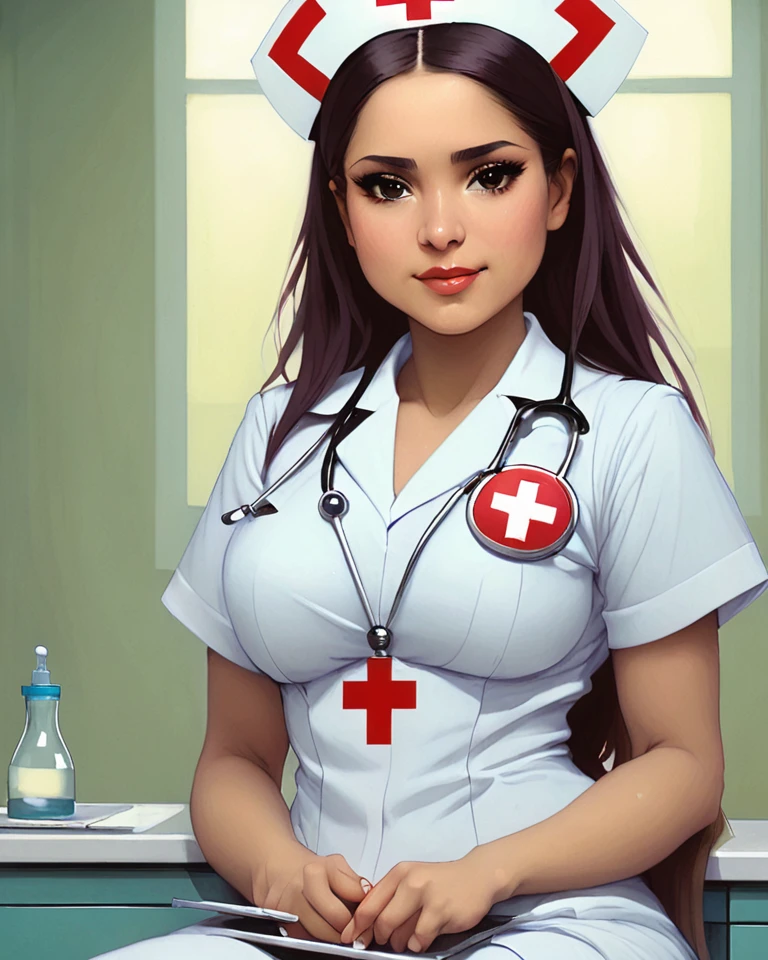 arafed woman in a nurse uniform sitting on a chair, nurse girl, nurse, an alien robot naughty nurse, nurse's leather suit, nurse costume, angela white, close - fitting nurse costume, surgeon, profile pic, tease, nursing, angelawhite, doctor, devon cady-lee, latex domme, fanart, pinup art, profile image