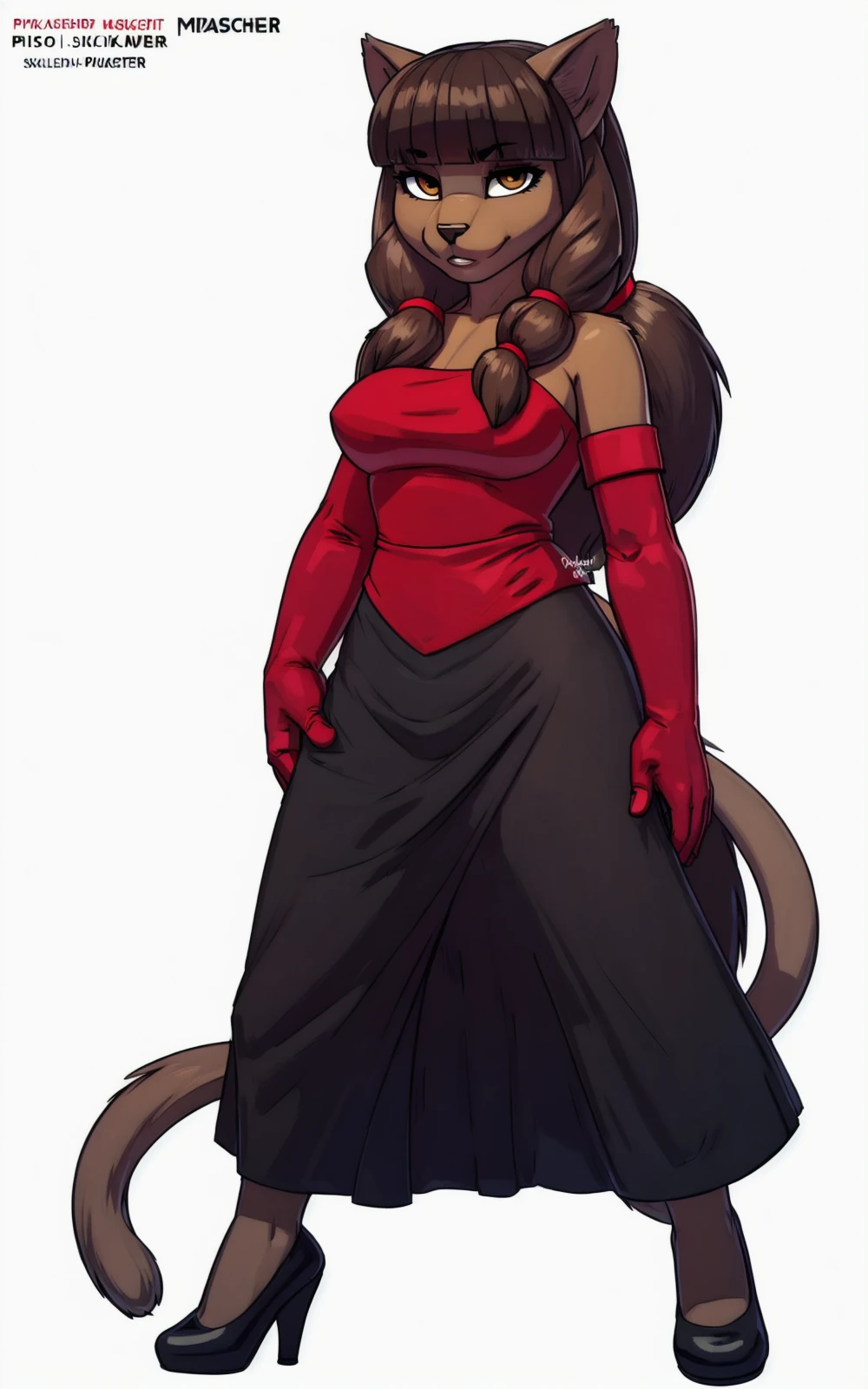 8k,4k,((Best quality, masterpiece, ultra high resolution)),((full body, by pixelsketcher)), <lora:MirandaV2:0.75>,MirandaV2,gloves, elbow gloves, animal ears, dress, brown hair, furry, dark skin, furry female, cat ears, long skirt, bare shoulders, brown eyes, red gloves,skirt, brown hair, amber eyes,long hair, animal nose,bangs, blunt bangs, twintails,cat tail, black skirt,red dress,white background,heels