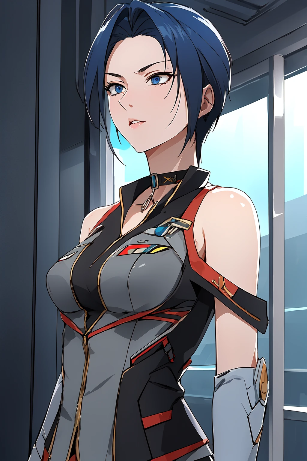 (RAW photo, best quality), 1girl, natural lighting <lora:srw_viletta_vadim_v1_2:1> viletta vadim, choker, military uniform, bare shoulders,