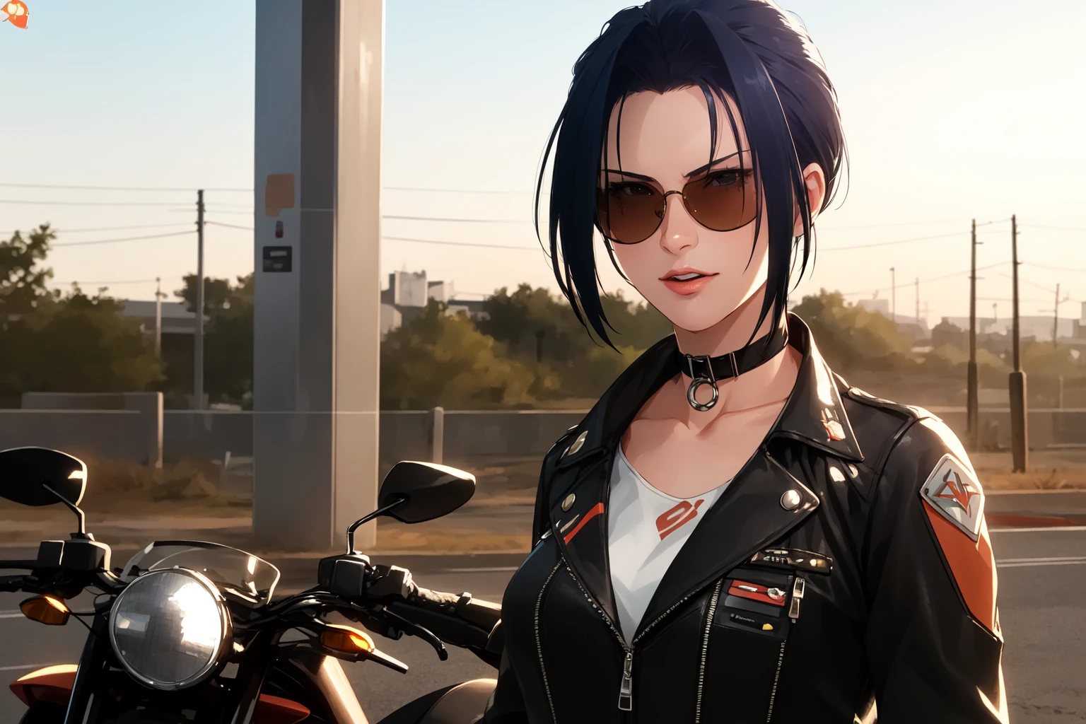 (RAW photo, best quality), 1girl,  natural lighting <lora:srw_viletta_vadim_v1_2:1> viletta vadim, solo,
sunglasses, leather jacket, choker, on motorcycle