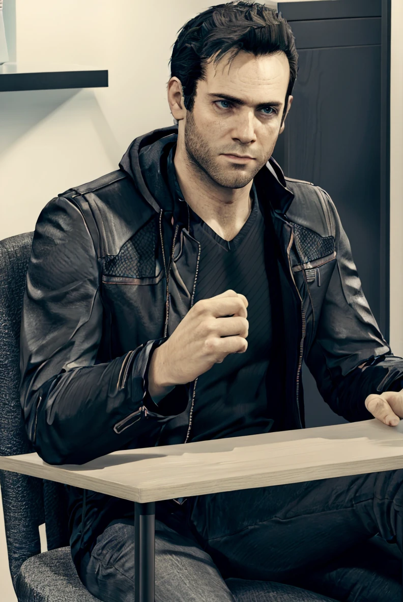 (RAW photo), <lora:GavinReed - Ace:0.7>, gavinreed, (sad:1.2), jacket, black shirt, jeans, sitting, 1boy, solo, table, office, chair