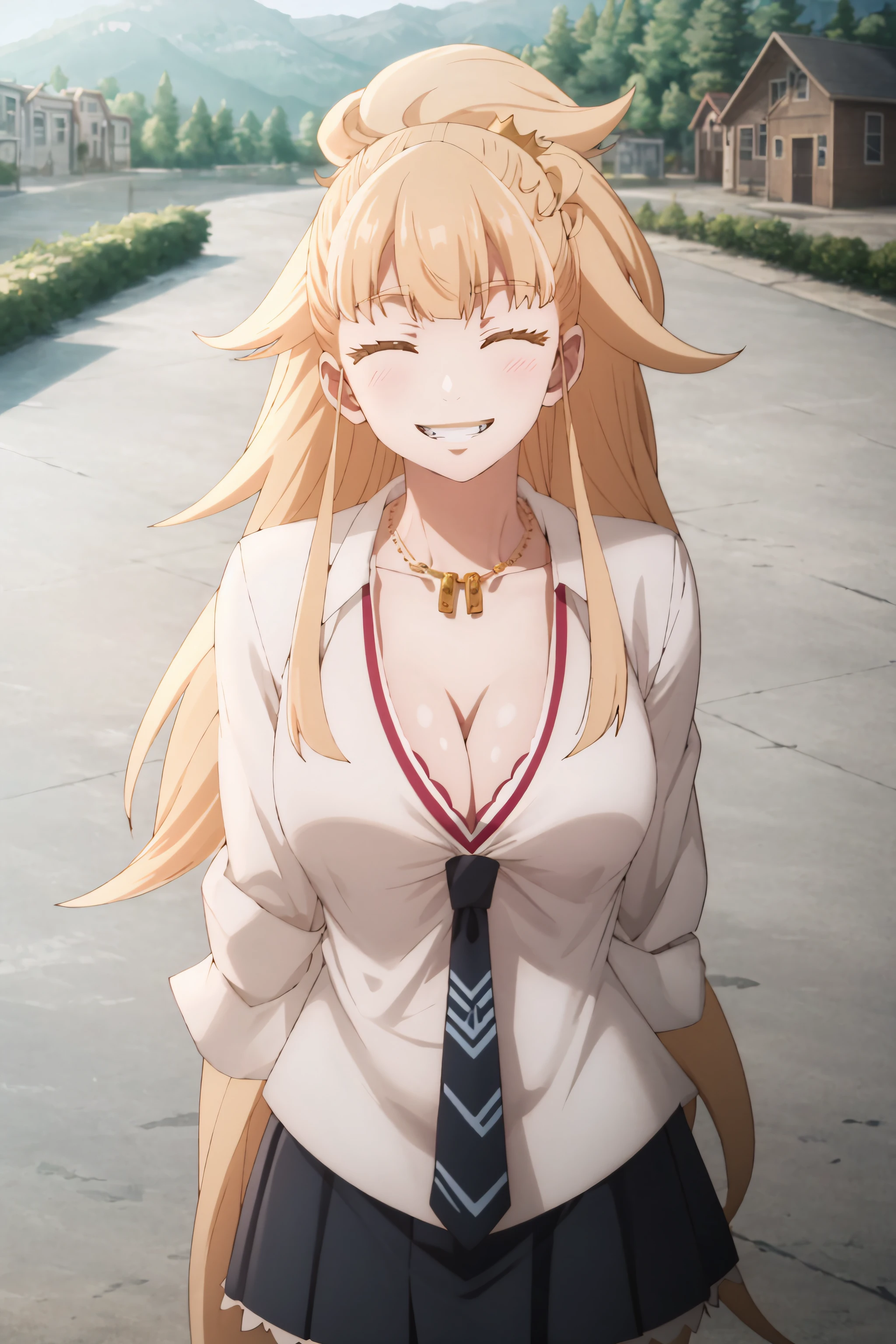 best quality, masterpiece, detailed,
<lora:KekkonYubiwaMonogatari_KrystalNovatyNokanatika:0.8>, KrystalNovaty,
solo, smile, teeth,
blonde hair, closed eyes, long hair, ponytail, crown,
HimeSchoolUniform, white shirt, necklace, blue necktie, cleavage, large breasts,
standing, upper body, portrait, facing viewer,
outdoors
