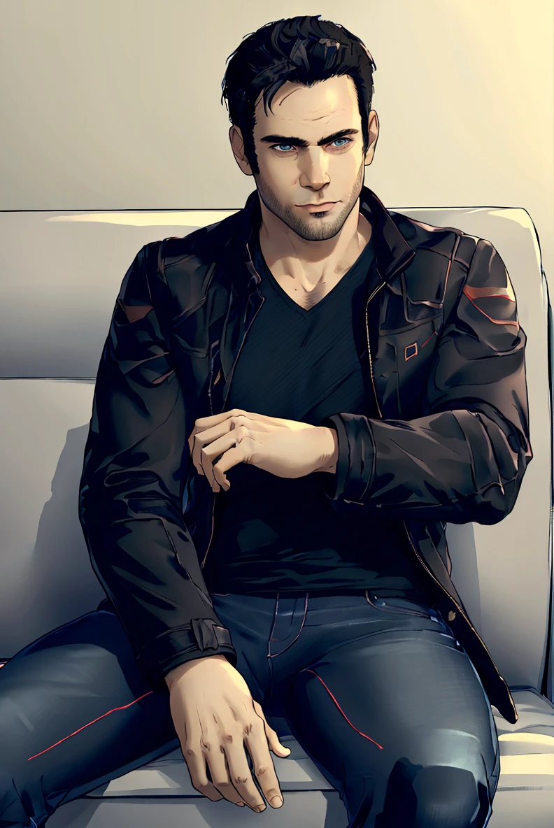 (RAW photo), <lora:GavinReed - Ace:0.7>, gavinreed, jacket, black shirt, jeans, sitting, 1boy, solo focus
