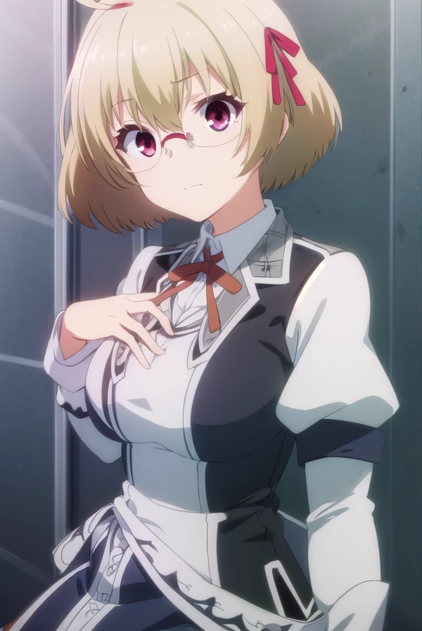 kagamikusakabe, <lora:kagami kusakabe s1-lora-nochekaiser:1>,
kagami kusakabe, short hair, blonde hair, (red eyes:1.3), ribbon, hair ribbon, ahoge, glasses,
BREAK skirt, long sleeves, school uniform, juliet sleeves,
BREAK indoors, classroom,
BREAK looking at viewer, (cowboy shot:1.5),
BREAK <lyco:GoodHands-beta2:1>, (masterpiece:1.2), best quality, high resolution, unity 8k wallpaper, (illustration:0.8), (beautiful detailed eyes:1.6), extremely detailed face, perfect lighting, extremely detailed CG, (perfect hands, perfect anatomy),
