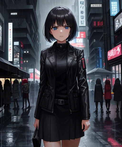 (adult woman), (1girl, solo), walking, ((black jacket)), serious, (black hair, bobcut), (blue eyes), ((future city, neotokyo, scifi city, cyberpunk)), (night, rain), ((best quality, high detail)), ((masterpiece)), <lora:1_bekkankou:1>