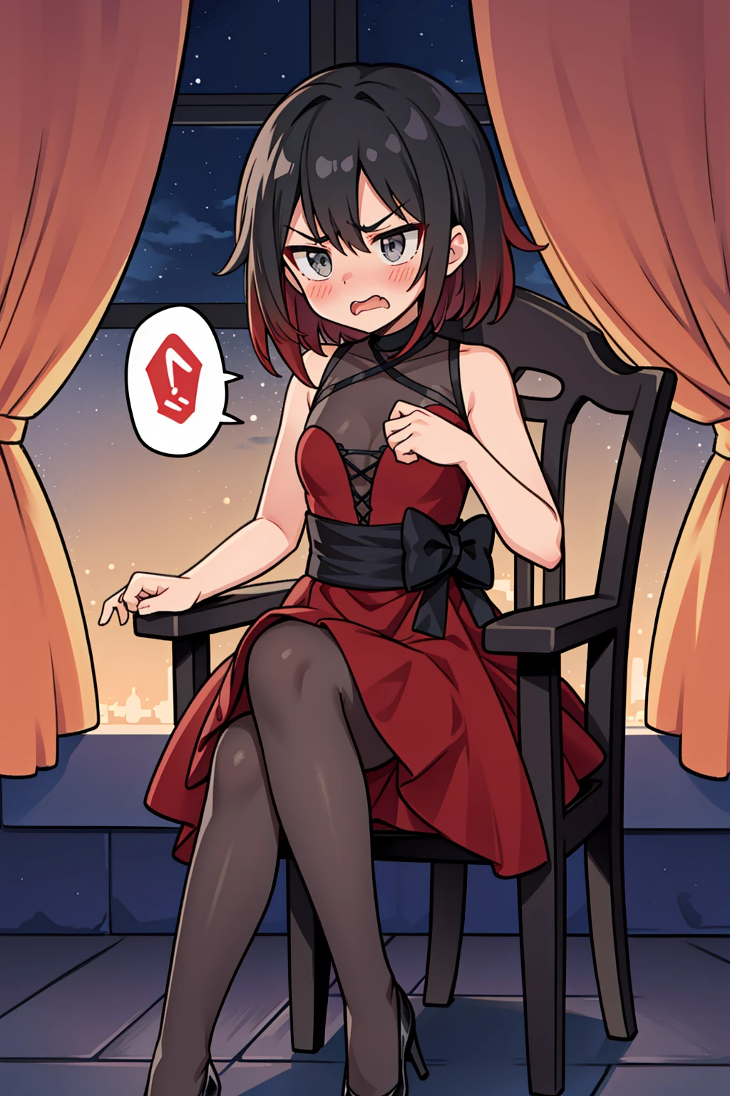 solo, <lora:RubyDance:1> rubyddi, grey eyes, black gradient hair, dress, pantyhose, high heels, bow, sitting, chair, ballroom, night, distant mountains, curtains, embarrassed, blushing, ((spoken anger vein)), annoyed,