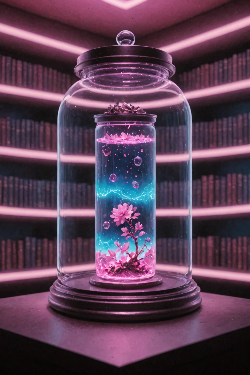 ultra realistic 8k cg, flawless, clean, masterpiece, professional artwork, famous artwork, cinematic lighting, cinematic bloom, (bookshelf background), a vaporwave glass futuristic jar with a alchemy table inside, <lora:Contained_Color_SDXL:1>