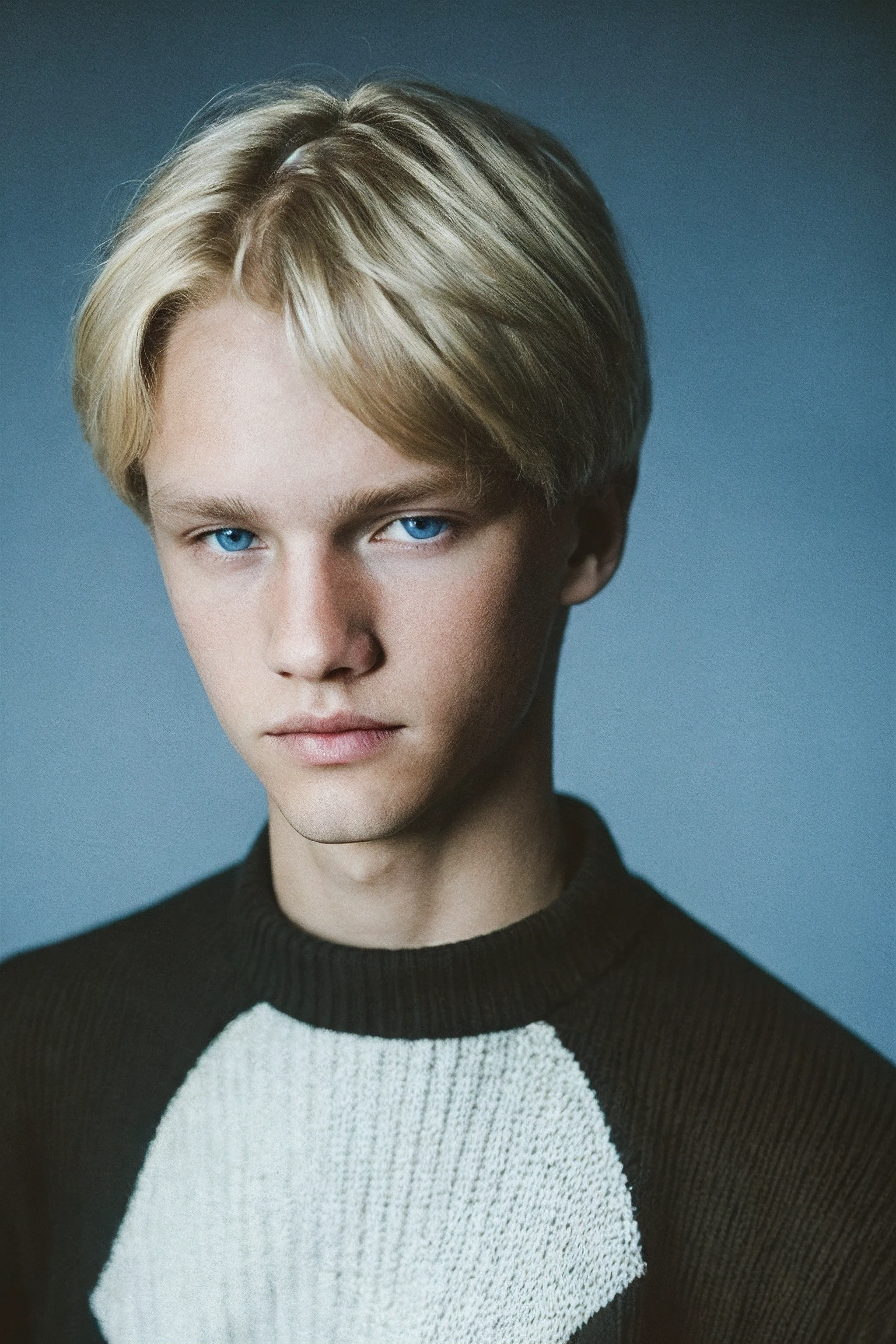 RAW photo, film grain, curtainpartedhair, (young man), blonde hair, blue eyes, black sweater, simple black background <lora:curtainpartedhair:0.8>