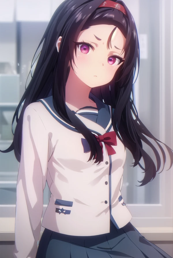 asakamayama, <lora:asaka mayama s1-lora-nochekaiser:1>,
asaka mayama, long hair, black hair, (red eyes:1.3), hairband, (forehead:1.5),
BREAK skirt, long sleeves, school uniform, pleated skirt, serafuku,
BREAK indoors, classroom,
BREAK looking at viewer, (cowboy shot:1.5),
BREAK <lyco:GoodHands-beta2:1>, (masterpiece:1.2), best quality, high resolution, unity 8k wallpaper, (illustration:0.8), (beautiful detailed eyes:1.6), extremely detailed face, perfect lighting, extremely detailed CG, (perfect hands, perfect anatomy),