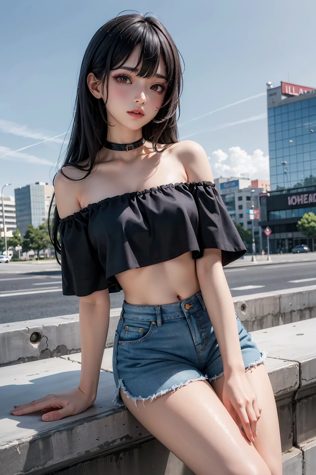 (masterpiece, best quality, absurdres, official art, best softness, ultra detailed, :1.2), (best shadow), detailed background, (perfect anatomy), (glossy lips),
BREAK
(1girl), solo, cute, (medium breasts),
((chromatic aberration)), long hair, shy, makeup, black eyeliner, (expressionless, ), looking at viewer,red eyes, black hair, cityscape, ((shorts, crop top, off shoulder, bare shoulders, open belly))
