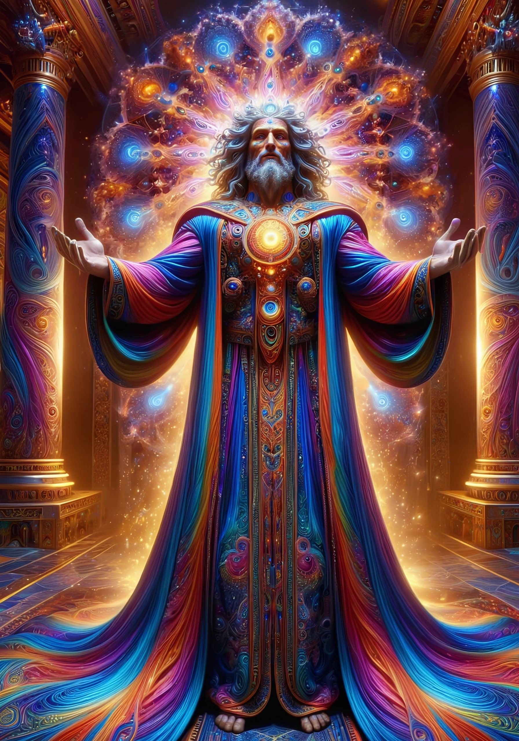 digital painting, full body, psychedelicai god posing in a glowing room, complex robe, flowing hair, detailed face, detailed eyes, metallic, fractal, shiny, holy, catholic, islamic, buddistic, jewish, Meticulous, Refined, High-Quality, Well-executed, Extraordinary, Artistic Triumph, Unparalleled Masterwork, Sharp Focus, Precise Clarity, 32k, ultra-high resolution, Full-Frame DSLR, Global Illumination, Dynamic Lighting, soft particles, real-time ray tracing, extremely detailed, <lora:psychedelicai-SDXL-V2-000008:1>