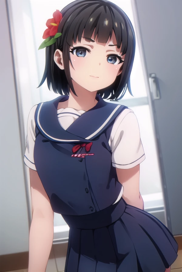 chiharuyouki, <lora:chiharu youki s1-lora-nochekaiser:1>,
chiharu youki, short hair, bangs, black hair, hair ornament, (brown eyes:1.3), flower, hair flower, blunt bangs, smile,
BREAK skirt, school uniform, pleated skirt, serafuku, blue skirt,
BREAK indoors, classroom,
BREAK looking at viewer, (cowboy shot:1.5),
BREAK <lyco:GoodHands-beta2:1>, (masterpiece:1.2), best quality, high resolution, unity 8k wallpaper, (illustration:0.8), (beautiful detailed eyes:1.6), extremely detailed face, perfect lighting, extremely detailed CG, (perfect hands, perfect anatomy),