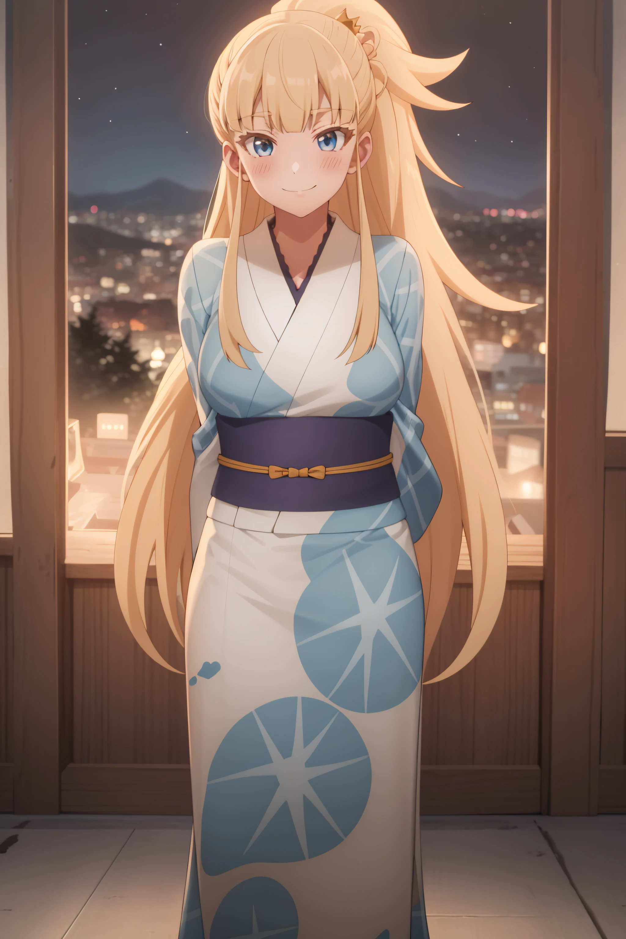 best quality, masterpiece, detailed,
<lora:KekkonYubiwaMonogatari_KrystalNovatyNokanatika:0.6>, KrystalNovaty,
1girl, solo, light smile, closed mouth, blush,
blonde hair, blue eyes, long hair, ponytail, crown,
HimeYukata, japanese clothes, obi, large breasts,
facing viewer, arms behind back, looking at viewer,
night