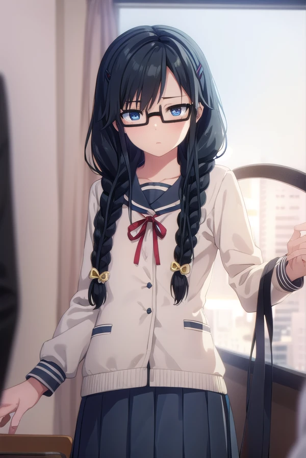 sumirekosanshokuin, <lora:sumireko sanshokuin s1-lora-nochekaiser:1>,
sumireko sanshokuin, long hair, black hair, blue eyes,
BREAK hair ornament, braid, glasses, twin braids, black-framed eyewear, skirt, hair ornament, school uniform, serafuku, black skirt, long skirt,
BREAK indoors, classroom,
BREAK looking at viewer, (cowboy shot:1.5),
BREAK <lyco:GoodHands-beta2:1>, (masterpiece:1.2), best quality, high resolution, unity 8k wallpaper, (illustration:0.8), (beautiful detailed eyes:1.6), extremely detailed face, perfect lighting, extremely detailed CG, (perfect hands, perfect anatomy),