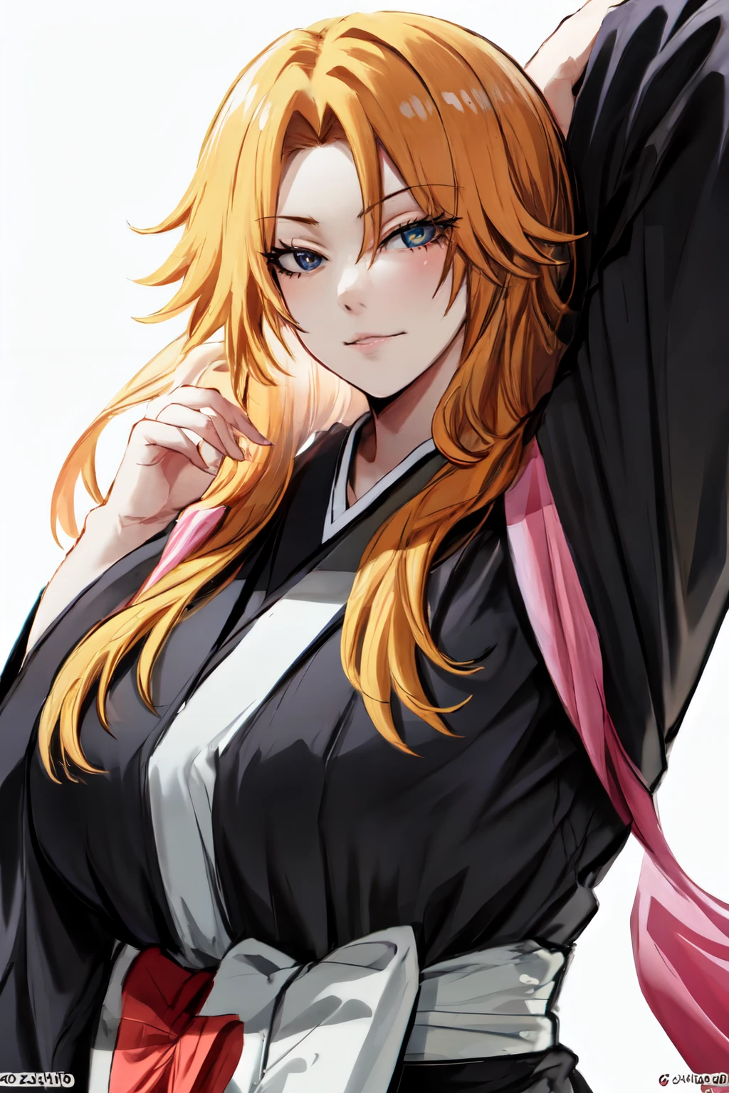 <lora:kurenaiz_style:1>kurenaiz style, 1girl,solo, upper body, white background,  <lora:matsumoto_rangiku:0.8> matsumoto rangiku, long hair, blonde hair, black kimono