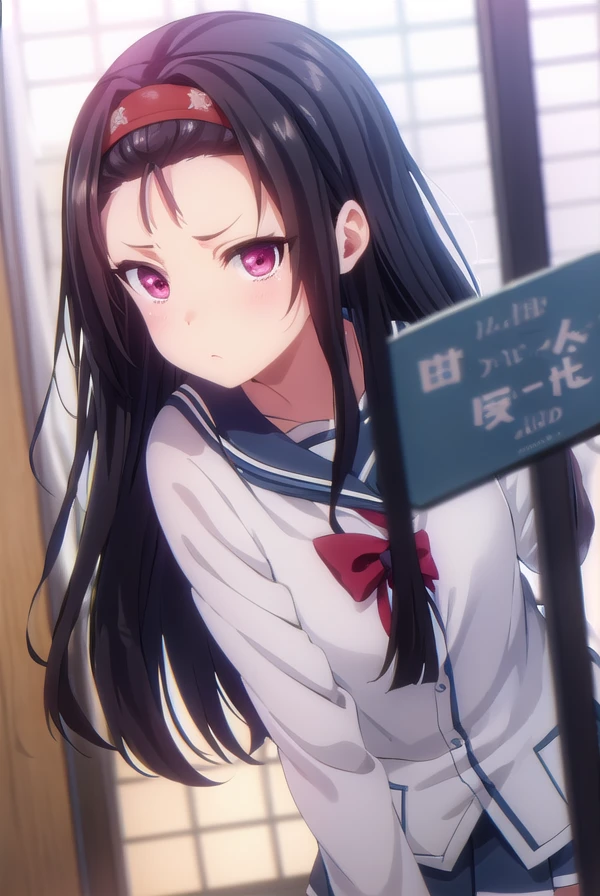 asakamayama, <lora:asaka mayama s1-lora-nochekaiser:1>,
asaka mayama, long hair, black hair, (red eyes:1.3), hairband, (forehead:1.5),
BREAK skirt, long sleeves, school uniform, pleated skirt, serafuku,
BREAK indoors, classroom,
BREAK looking at viewer, (cowboy shot:1.5),
BREAK <lyco:GoodHands-beta2:1>, (masterpiece:1.2), best quality, high resolution, unity 8k wallpaper, (illustration:0.8), (beautiful detailed eyes:1.6), extremely detailed face, perfect lighting, extremely detailed CG, (perfect hands, perfect anatomy),