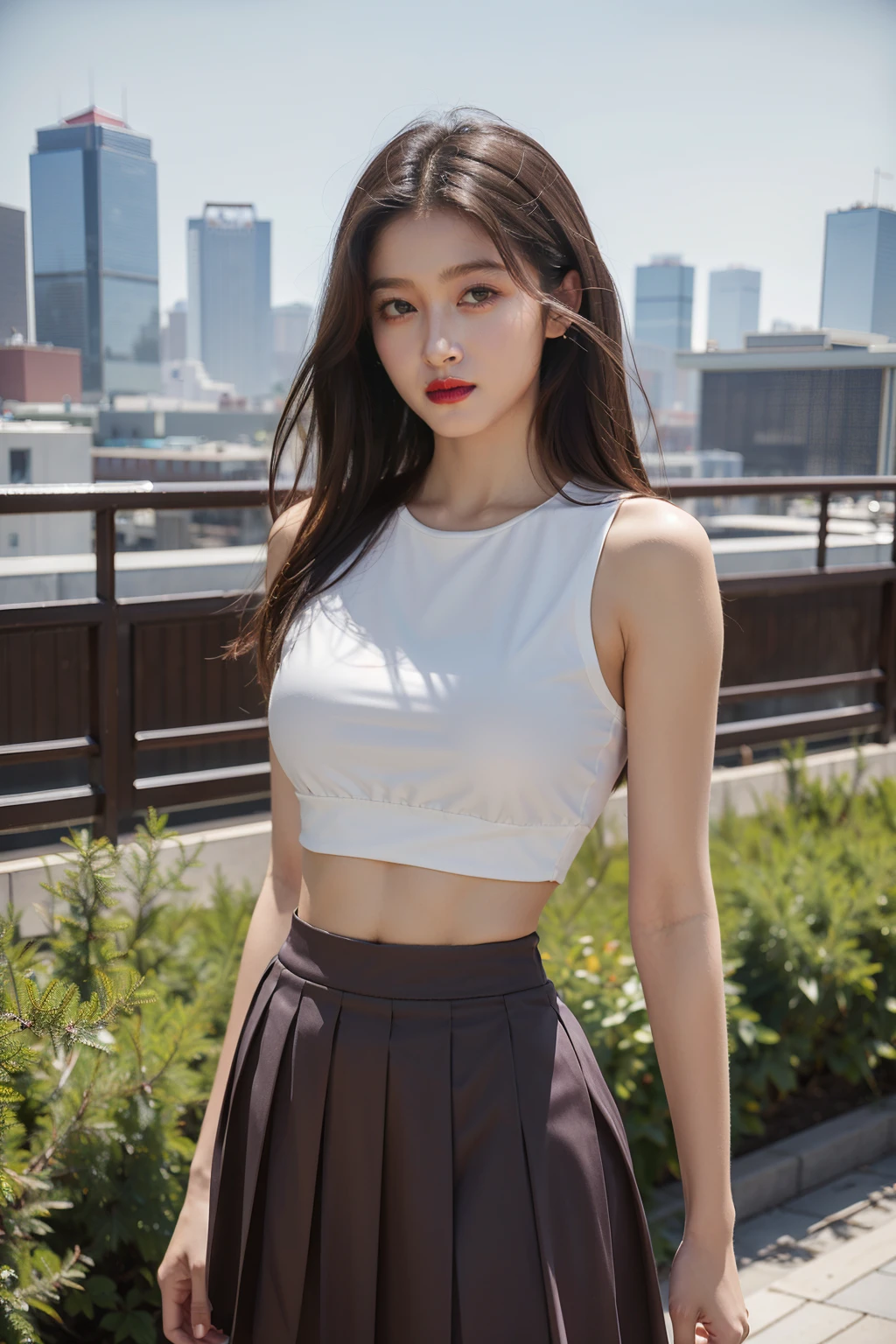 1girl,upper body,looking at viewer, standing,
crop top, pleated skirt, 
brown hair, long hair,
cityscape, beijing,
masterpiece,best quality,highres, photorealistic, 
 <lora:xiaotong-000010:0.5>