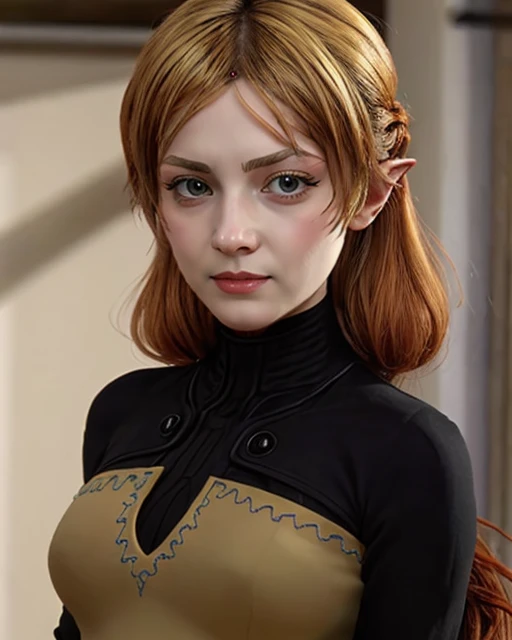 beautiful, 8k, masterpiece, ufawelga, 1girl, fantasy background, red hair, gradiant hair, elf, pointy ears, tsundere