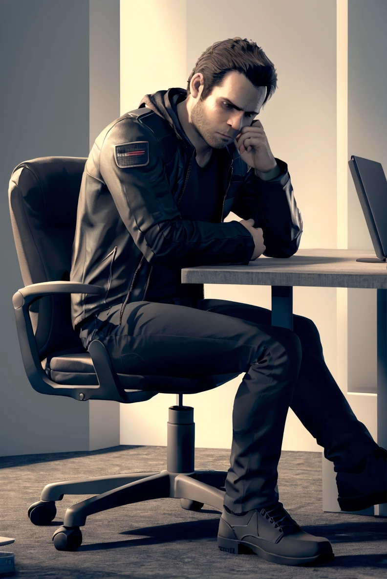 (RAW photo), <lora:GavinReed - Ace:0.7>, gavinreed, (sad:1.2), jacket, black shirt, jeans, sitting, 1boy, solo, table, office, chair