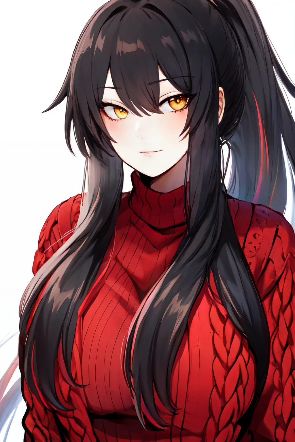 <lora:kurenaiz_style:1>kurenaiz style, 1girl,solo, upper body, white background, large breasts, very long hair, ponytail ,yellow eyes, ribbed sweater, red sweater, long hair, black hair, red eyes