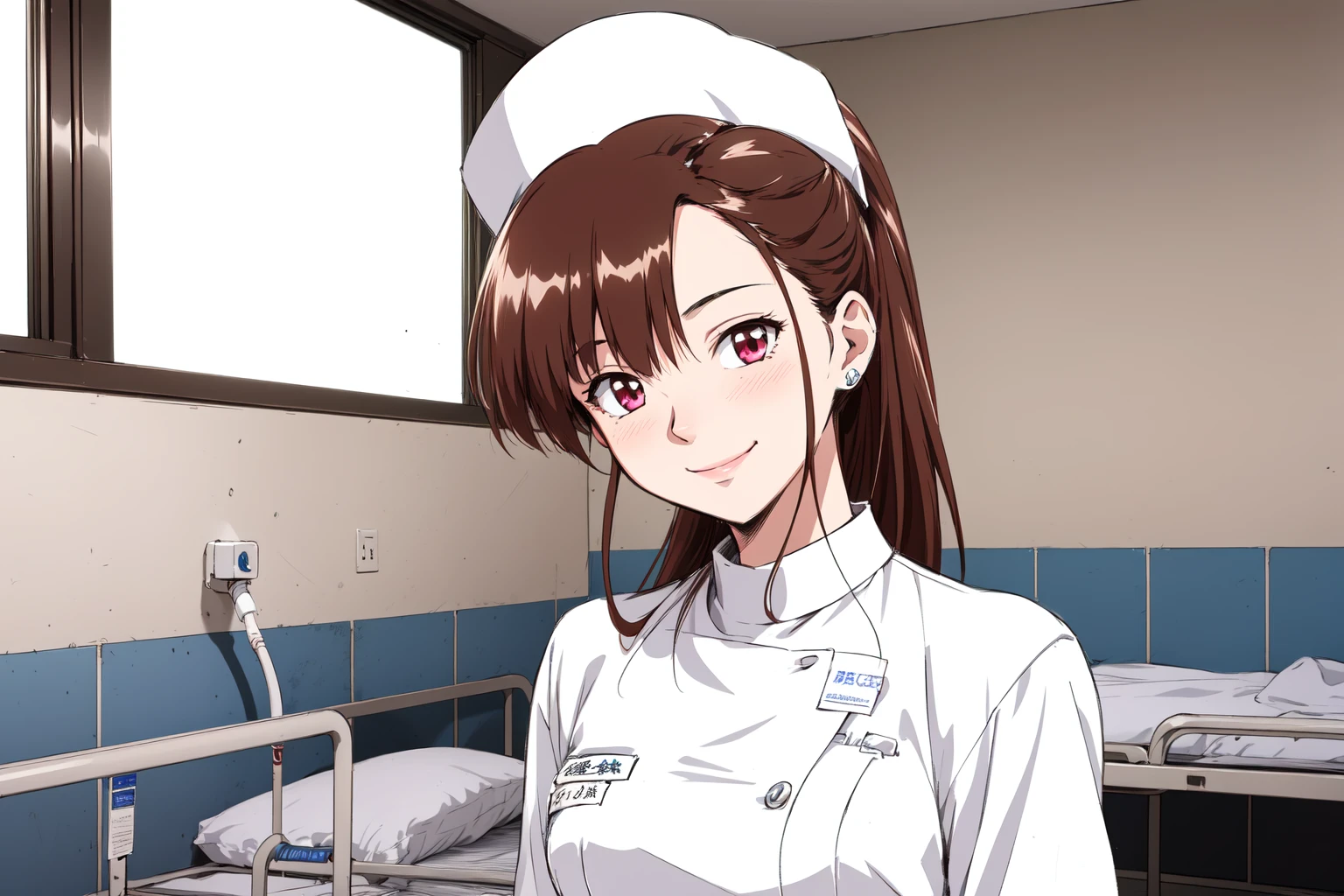 (RAW photo, best quality), 1girl,  natural lighting, smile, hospital, solo, nurse, nurse cap,
 <lora:innai_kansen_iwasaki_rumi_v2_2-000005:0.8>, iwasaki rumi 1girl