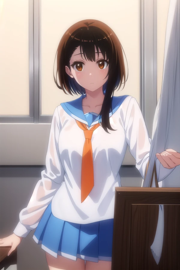 kosakionodera, <lora:kosaki onodera s2-lora-nochekaiser:1>,
kosaki onodera, short hair, bangs, brown hair, (brown eyes:1.3), short hair with long locks, asymmetrical hair,
BREAK skirt, shirt, thighhighs, school uniform, collarbone, white shirt, pleated skirt, necktie, serafuku, sailor collar, blue skirt, blue sailor collar, (orange necktie:1.2),
BREAK indoors, classroom,
BREAK looking at viewer, (cowboy shot:1.5),
BREAK <lyco:GoodHands-beta2:1>, (masterpiece:1.2), best quality, high resolution, unity 8k wallpaper, (illustration:0.8), (beautiful detailed eyes:1.6), extremely detailed face, perfect lighting, extremely detailed CG, (perfect hands, perfect anatomy),