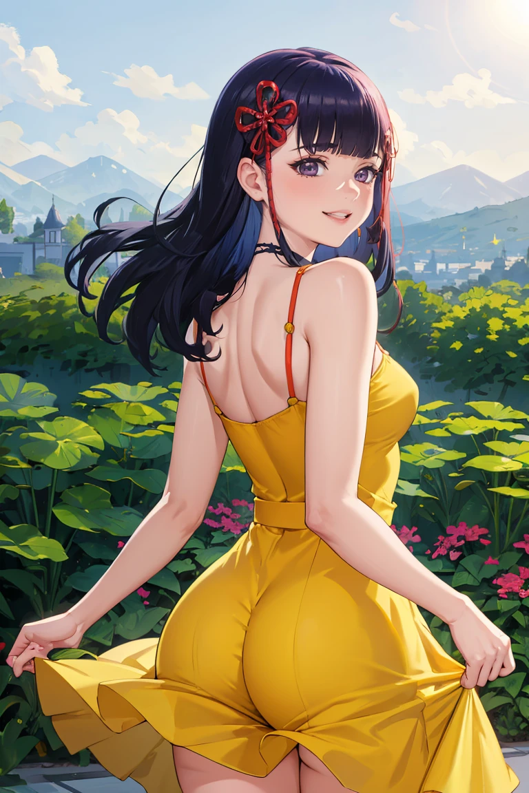 masterpiece, best quality, absurdres, YamashiroRen, blunt bangs, hair ornament, from behind, (yellow sundress), garden, day, sunshine, smile, looking back, <lora:CHAR-YamashiroRen:1>