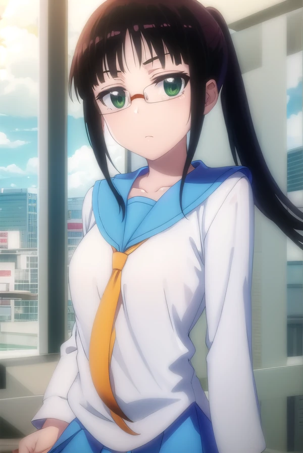 rurimiyamoto, <lora:ruri miyamoto s2-lora-nochekaiser:1>,
ruri miyamoto, long hair, bangs, black hair, (green eyes:1.3), ponytail, glasses, blunt bangs,
BREAK skirt, shirt, thighhighs, school uniform, collarbone, white shirt, pleated skirt, necktie, serafuku, sailor collar, blue skirt, blue sailor collar, orange necktie,
BREAK indoors, classroom,
BREAK looking at viewer, (cowboy shot:1.5),
BREAK <lyco:GoodHands-beta2:1>, (masterpiece:1.2), best quality, high resolution, unity 8k wallpaper, (illustration:0.8), (beautiful detailed eyes:1.6), extremely detailed face, perfect lighting, extremely detailed CG, (perfect hands, perfect anatomy),