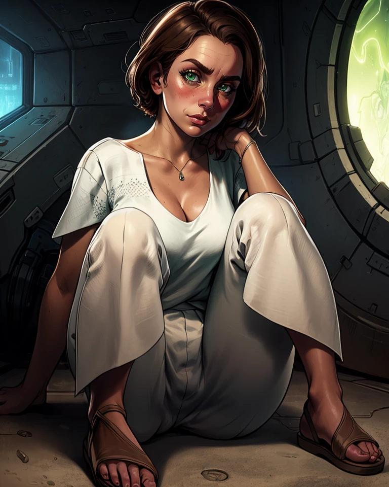 beta,green eyes,short brown hair,
white shirt,short sleeves,white pants,shoes,looking at viewer,sandals,
solo,cleavage,blush,see-through,covered nipples,
science fiction,sitting,
(insanely detailed, beautiful detailed face, masterpiece, best quality),<lora:beta:0.8>,