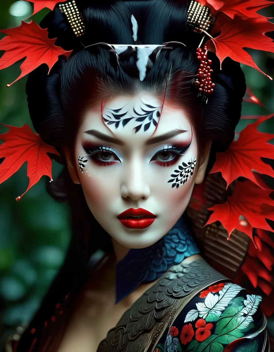 cinematic photo portrait, lipstick, fflix-geisha, long hair, black eyes, eyeshadow, black hair, 1girl, red lips, makeup, looking at viewer, leaf, parted lips, extremely detailed, sharp focus, very coherent, intricate, elegant, confident, color, cinematic, highly contrasted, light, real, shiny, glowing, rich deep colors
<lora:GeishaXL:1>, , <lora:FILM_PHOTOGRAPHY_STYLE:0.25> . 35mm photograph, film, bokeh, professional, 4k, highly detailed