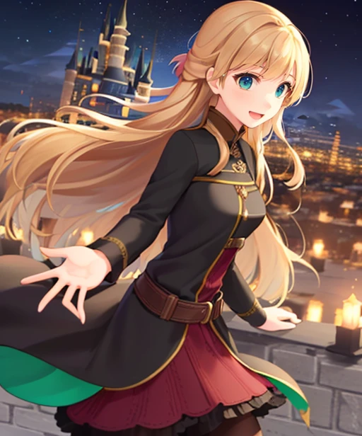 (adult woman), (1girl, solo), long-sleeved black tunic, smile, open mouth, ((fantasy castle, city, snow)), (aurora, night), ((best quality, high detail)), ((masterpiece)), <lora:anna_of_arendelle_v22:.6> , (anna of arendelle), <lora:1_takepon:1>