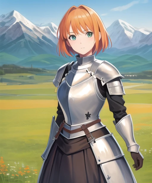 portrait, (adult woman), (1girl, solo), (looking at viewer), ((knight, armor, skirt)), freckles, (orange hair, medium hair), (green eyes), ((field, mountains)), (best quality, high detail), ((masterpiece)), <lora:2_koutaro:1>