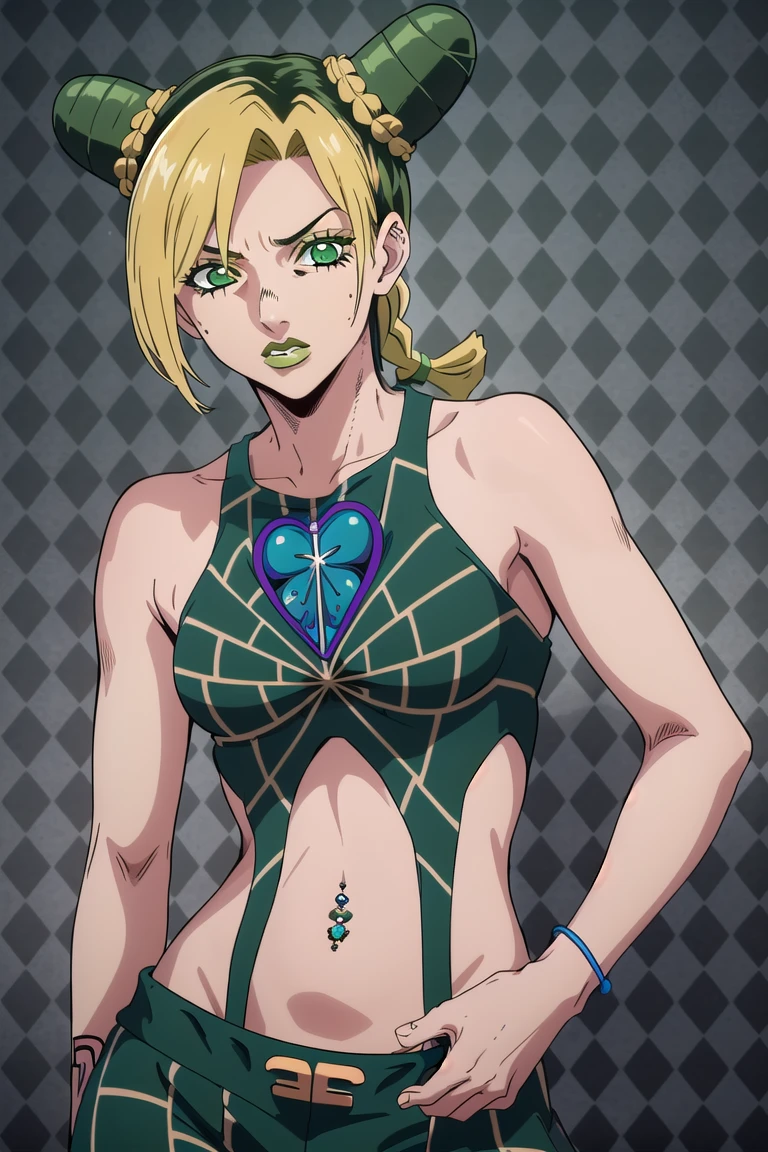 jolyne, 1girl, solo, blonde hair, black hair, jewelry, green eyes, green hair, midriff, piercing, navel piercing, argyle background, main outfit, detailed,<lora:EMS-260993-EMS:0.800000>
