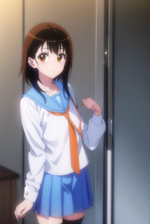 kosakionodera, <lora:kosaki onodera s2-lora-nochekaiser:1>,
kosaki onodera, short hair, bangs, brown hair, (brown eyes:1.3), short hair with long locks, asymmetrical hair,
BREAK skirt, shirt, thighhighs, school uniform, collarbone, white shirt, pleated skirt, necktie, serafuku, sailor collar, blue skirt, blue sailor collar, (orange necktie:1.2),
BREAK indoors, classroom,
BREAK looking at viewer, (cowboy shot:1.5),
BREAK <lyco:GoodHands-beta2:1>, (masterpiece:1.2), best quality, high resolution, unity 8k wallpaper, (illustration:0.8), (beautiful detailed eyes:1.6), extremely detailed face, perfect lighting, extremely detailed CG, (perfect hands, perfect anatomy),