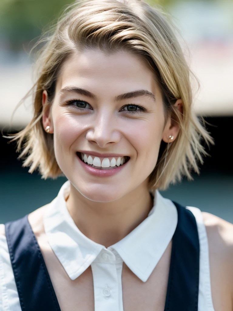 Realistic photo of a beautiful, 1girl,solo,looking at viewer,smile,short hair,blonde hair,shirt,brown eyes,white shirt,upper body,teeth,sleeveless,solo focus,collared shirt,grin,blurry,blurry background,realistic, soft lighting, professional Photography, Photorealistic, detailed, RAW, analog, sharp focus, 8k, HD, high quality, masterpiece<lora:r0s4mundp:1.0>