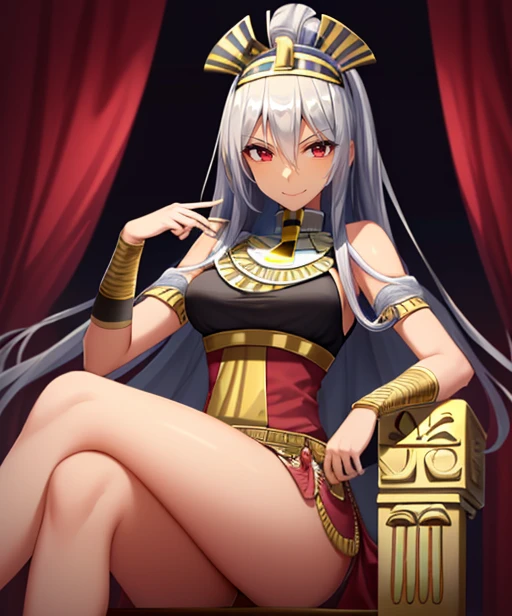 (adult woman), (1girl, solo), sitting on a throne, crossed legs, ((egyptian, pharaoh, dark skin)), (mischievous smirk, seductive smile), (silver hair), (red eyes), ((eqyptian temple)), ((best quality, high detail)), ((masterpiece)), <lora:1_takepon:1>