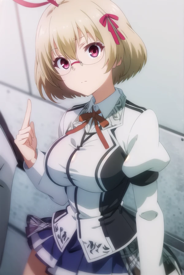kagamikusakabe, <lora:kagami kusakabe s1-lora-nochekaiser:1>,
kagami kusakabe, short hair, blonde hair, (red eyes:1.3), ribbon, hair ribbon, ahoge, glasses,
BREAK skirt, long sleeves, school uniform, juliet sleeves,
BREAK indoors, classroom,
BREAK looking at viewer, (cowboy shot:1.5),
BREAK <lyco:GoodHands-beta2:1>, (masterpiece:1.2), best quality, high resolution, unity 8k wallpaper, (illustration:0.8), (beautiful detailed eyes:1.6), extremely detailed face, perfect lighting, extremely detailed CG, (perfect hands, perfect anatomy),