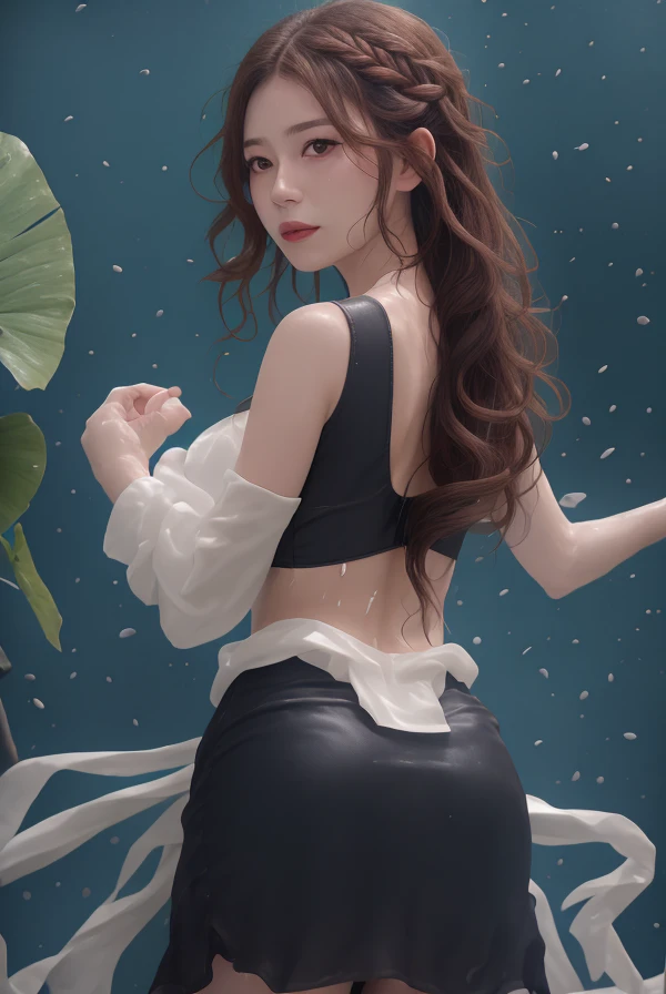 1girl,plant,potted_plant,solo,blurry,looking_at_viewer,leaf,bag,skirt,blurry_background,depth_of_field,parted_lips,wet,bra,see-through,long_hair,looking_back,blurry_foreground,braid,<lora:éé±¼æç²¾:1>,, masterpiece,best quality,CG 8k wallpaper,illustration,absurdres, city lights,