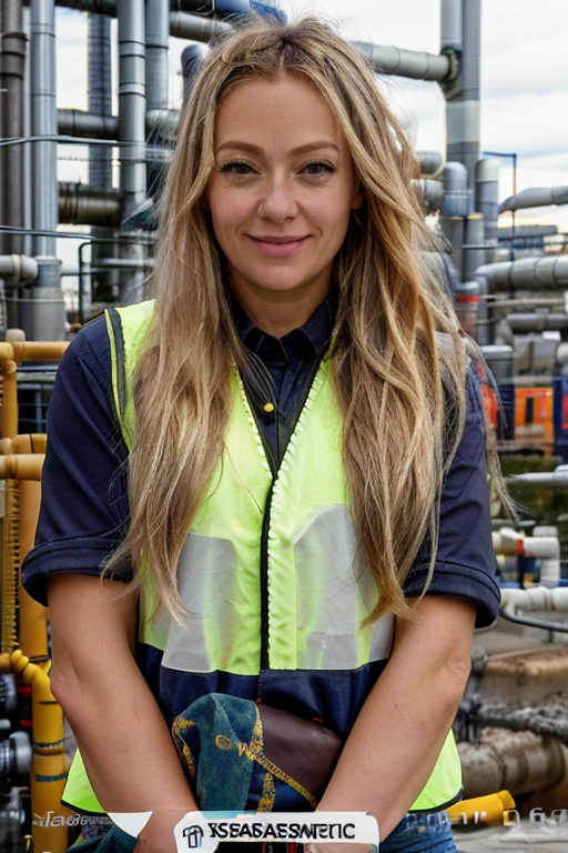 <lora:Cherry_Healey:1> masterpiece, best quality, detailed face, 1girl, solo, realistic, c1873h, long blonde hair, in a safety vest standing in front of a factory with pipes and piping, building, city, cityscape, smiling, photo_\(medium\), photo_background, real_world_location, realistic, shirt, skyscraper