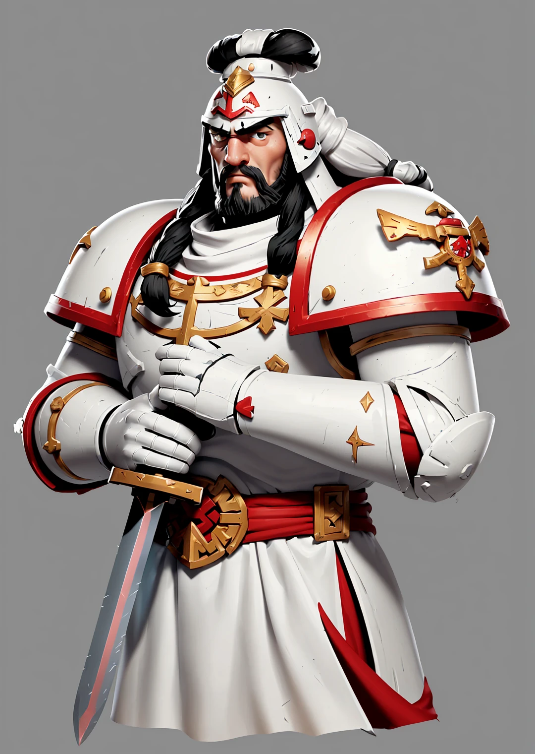 <lora:Warhammer_40K_-_Space_Marines_-_White_Scars:0.7> Warhammer 40K, multiple boys, White Scars, Space Marines, white scars emblem, white power armor, (red topknot, long hair, helmet:1.25), BREAK, sword, holding sword, curved sword,