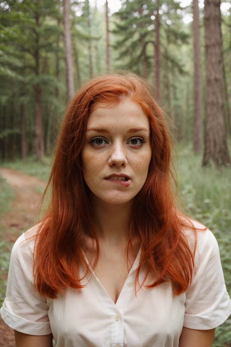 redhead, out in the forest, (lip bite expression:1.0) 
<lora:lipbite_v1:1.0>
